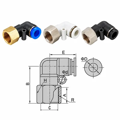 Fitting elbow pneumatik Slip Lock drat dalam / female beserta diagram dimensi.