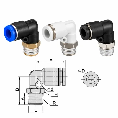 Fitting elbow pneumatik Slip Lock drat luar / male beserta diagram dimensi.